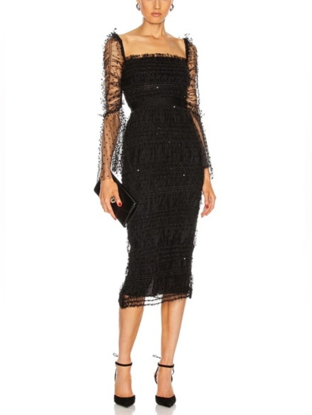 Self-Portrait Black Midi Dress with Sheer Sleeves
